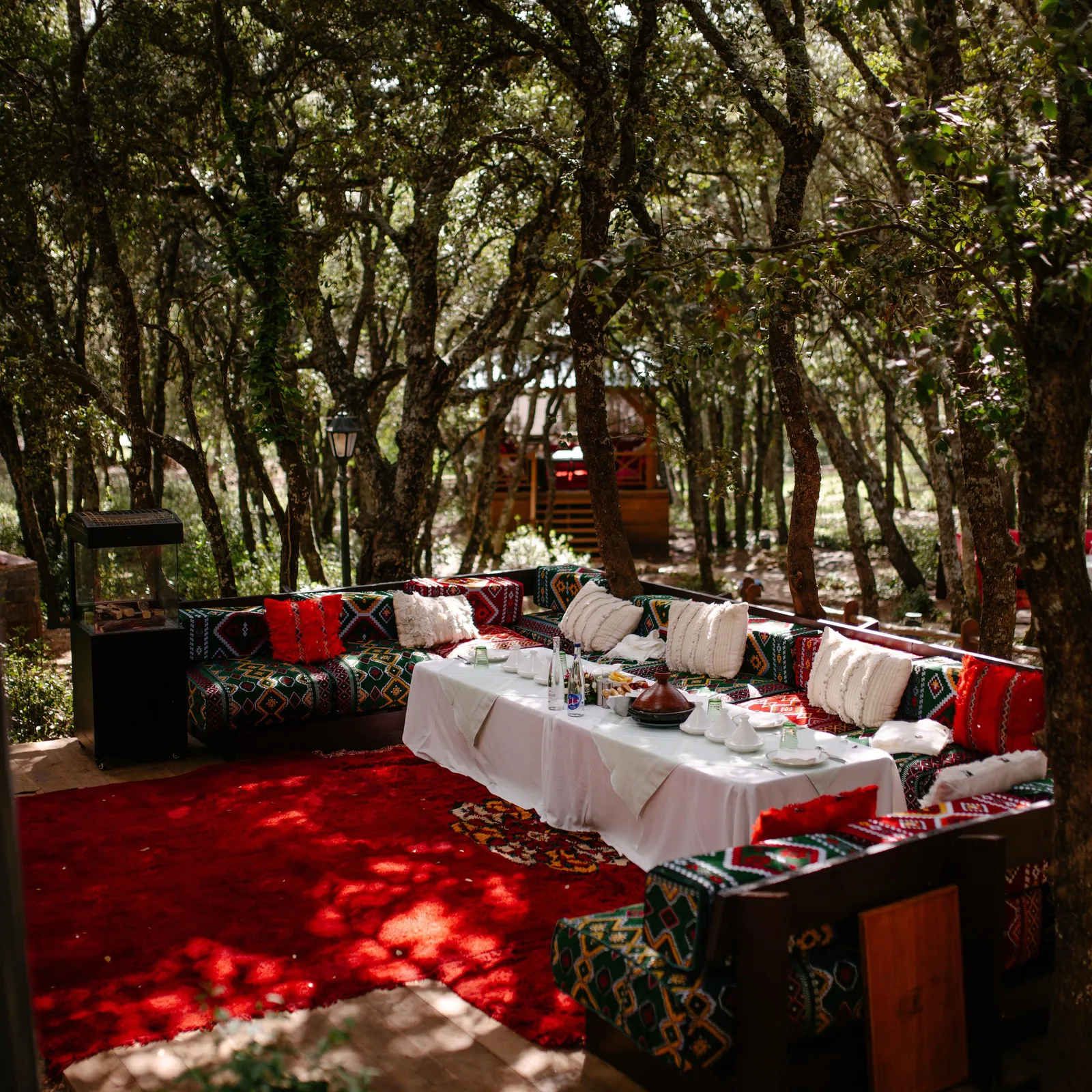Un espace extérieur aménagé avec des coussins colorés, une table recouverte d'une nappe blanche et des arbres autour